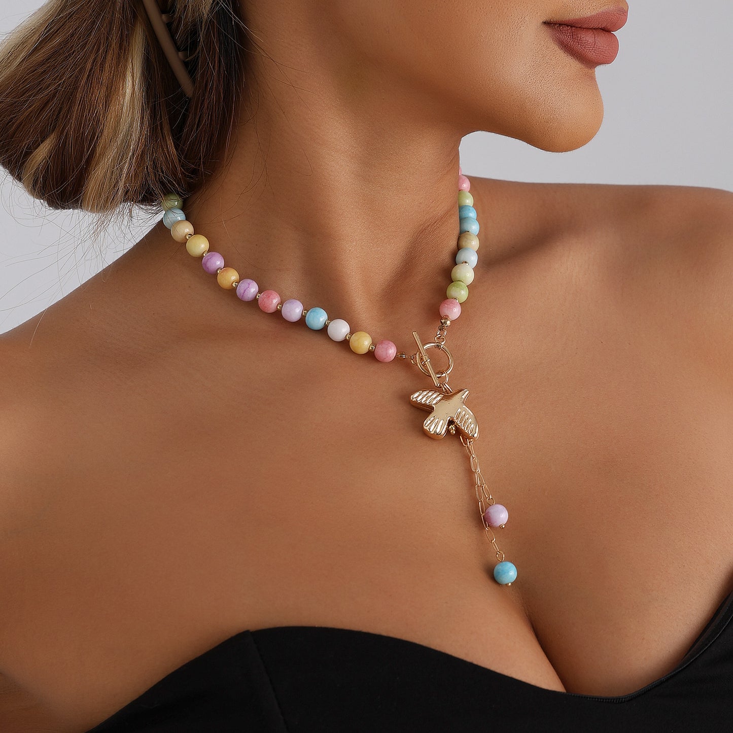 Casual Geometric Heart Alloy Plated Pendant Necklace with Colorful Beads for Women