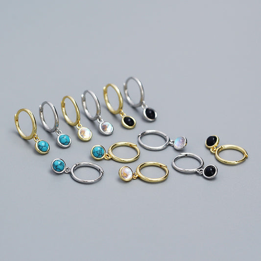 Minimalist Geometric S925 Sterling Silver Dangle Earrings with Synthetic Moonstone, Agate, and Turquoise for Women