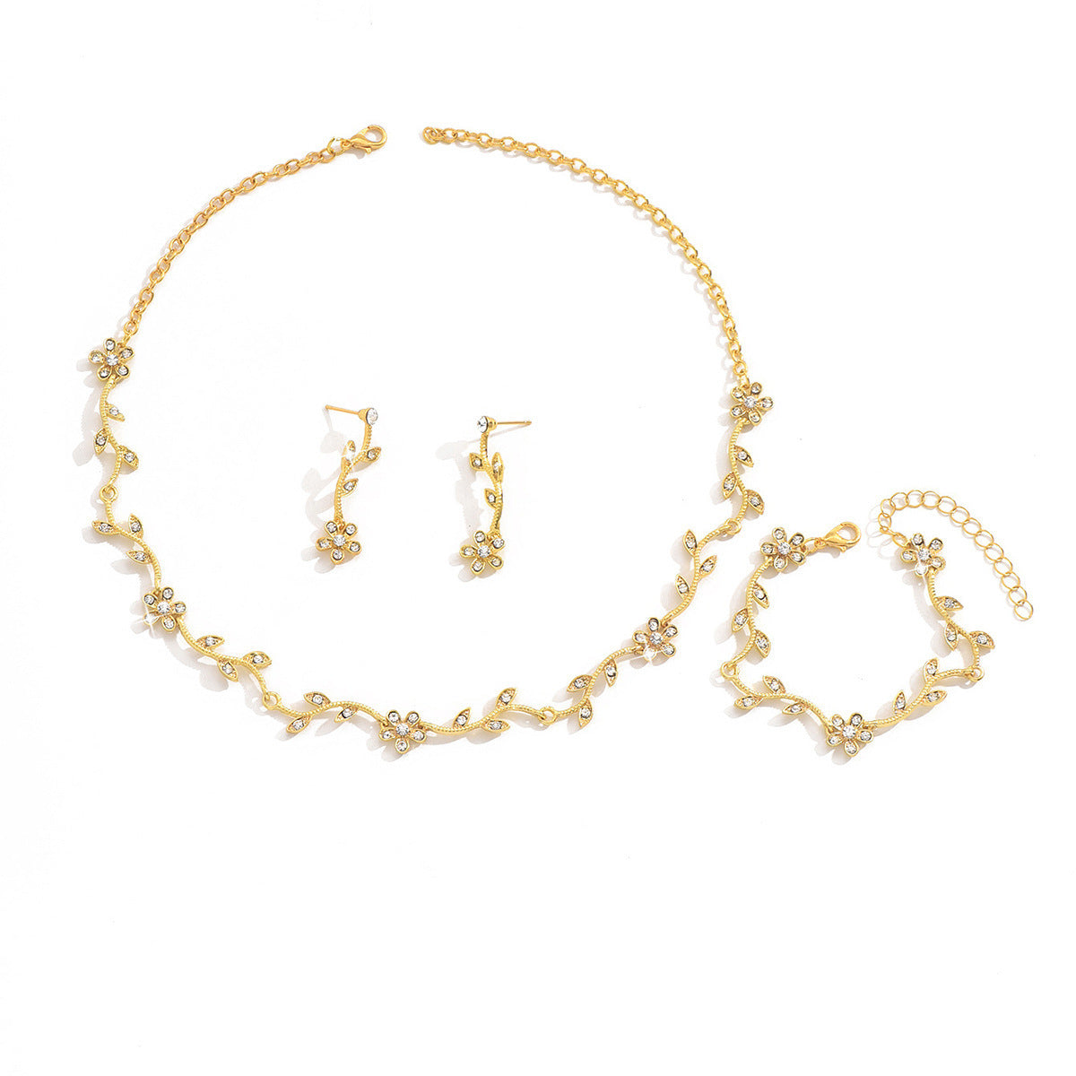 Juego de collar con colgante de diamantes de imitación con forma de hoja y flor floral minimalista con cadena tipo O, base de aleación de zinc, acabado galvanizado para mujer