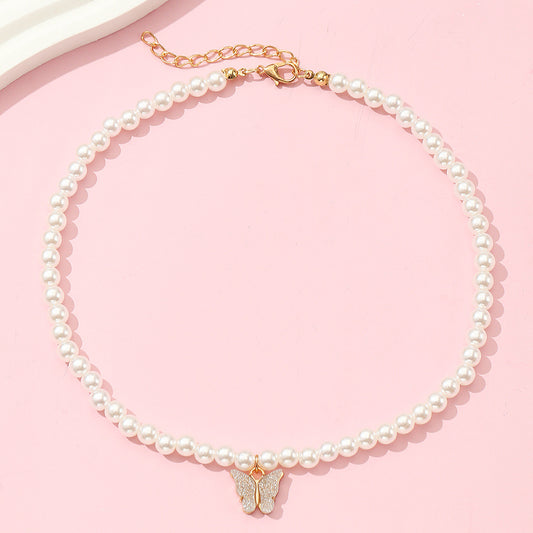 Minimalist Butterfly Pendant Necklace for Girls Alloy Metal Necklace with Pearl Chain Adjustable Length