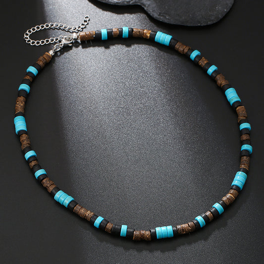 Bohemian Vintage Ethnic Punk Hip-hop Geometric Wood Coconut Shell Beaded Necklace with Turquoise Pendant
