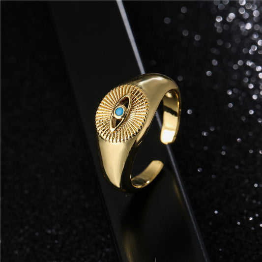 Anillo Abierto Geométrico con Forma de Ojo para Mujer de Cobre con Baño de Oro de 18K e Incrustaciones de Circones