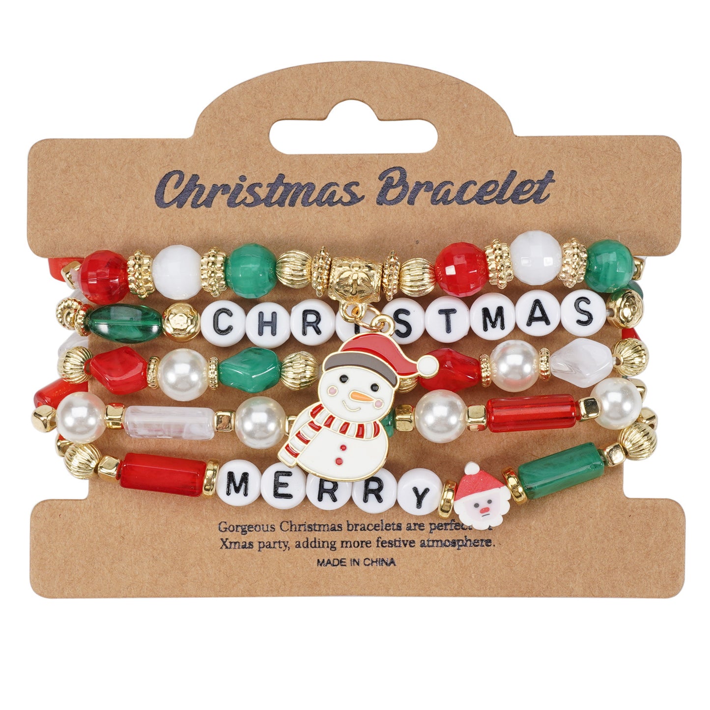 Unisex Natural Stone Beaded Bracelet with Snowman Christmas Tree Santa Reindeer Charms Floral Pattern Holiday Gift