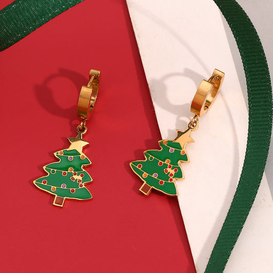 Orecchini da donna ad albero di Natale in acciaio inossidabile placcato oro 18 carati con grazioso personaggio dei cartoni animati