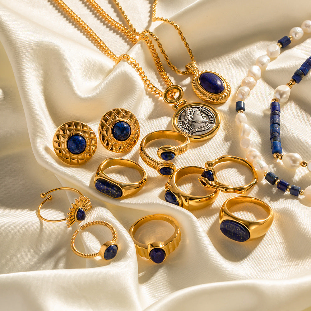 Vintage Palace-Style Titanium Steel Necklace with Geometric Pendant Featuring Lapis Lazuli Inlay and Plated Finish