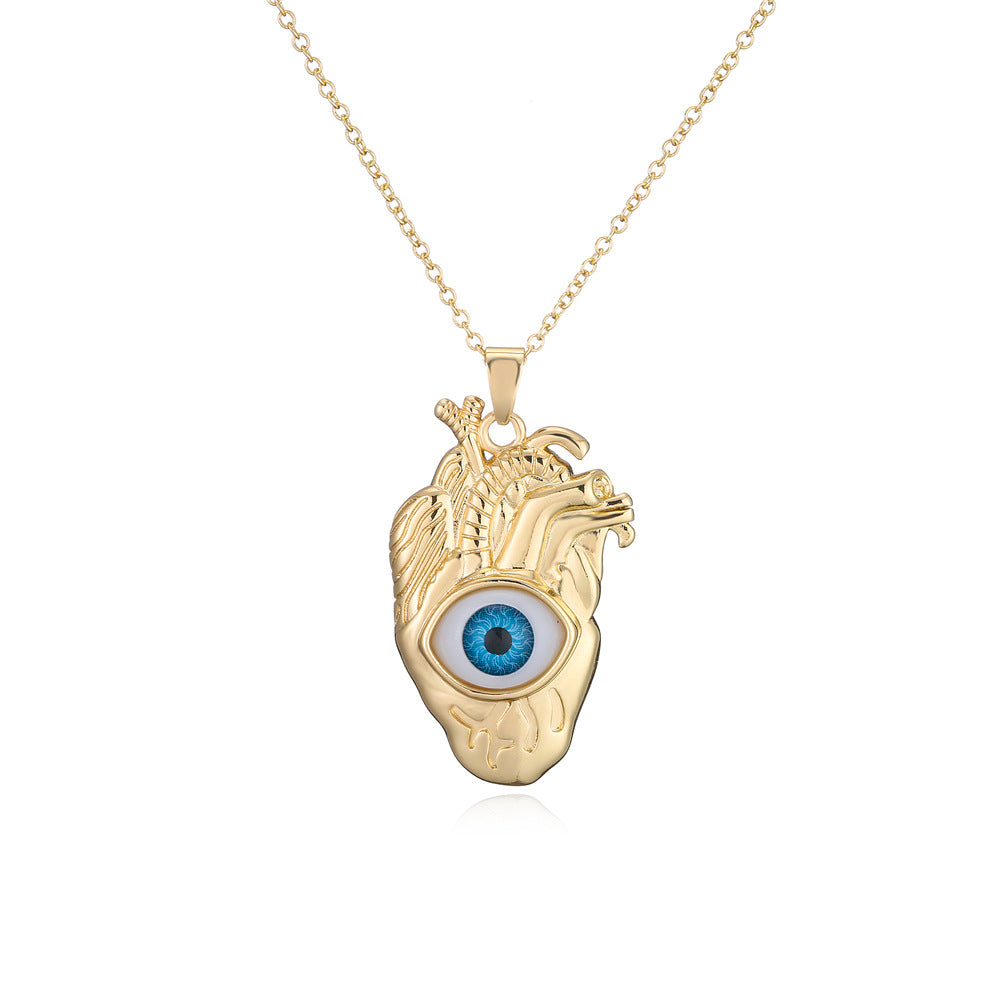 Punk Hip-hop Streetwear 18K Gold Plated Geometric Inlay Cubic Zirconia Eye Pendant Necklace with Cable Chain