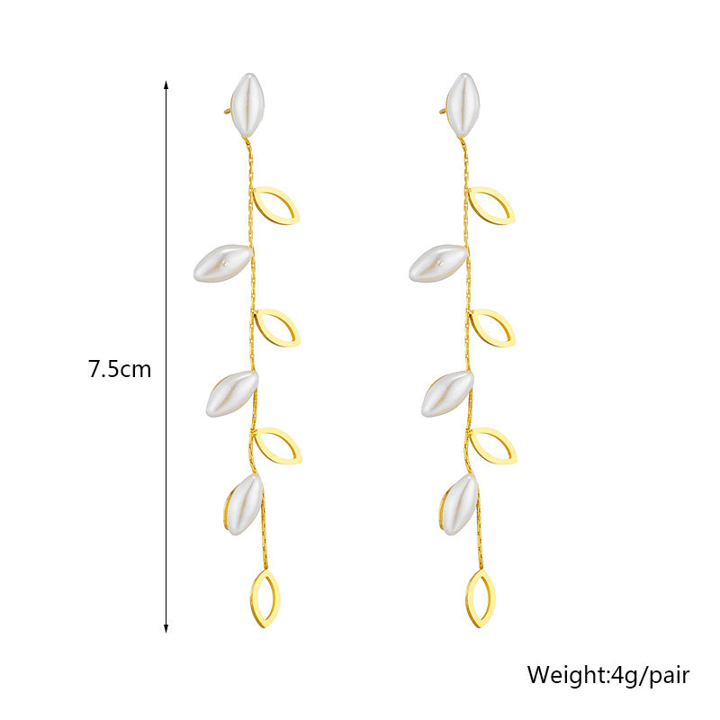 Minimalist Elegant Pearl-Embellished Hollow Leaf Dangle Stud Earrings in Titanium Steel with Plated Finish