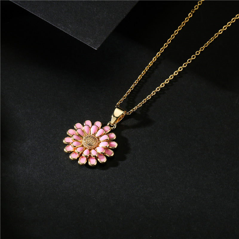 18K Gold Plated Brass Drip Oil Geometric Sunflower Pendant Box Chain Necklace