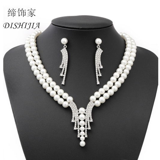 Conjunto de collar de perlas minimalista con colgante de pedrería, perlas redondas de cristal, acabado chapado, estilo cadena de serpiente para mujer