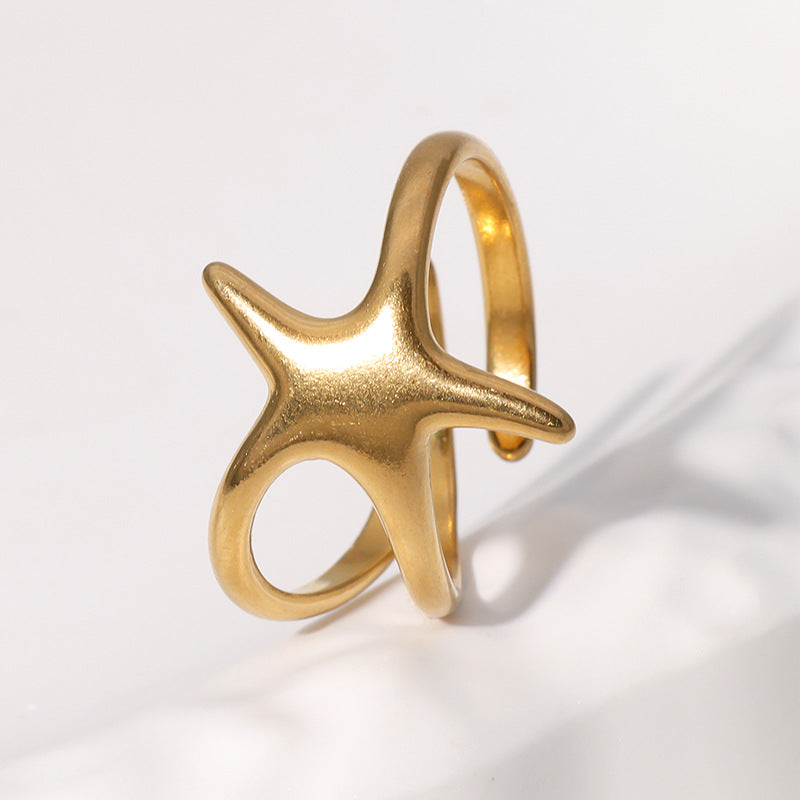 Minimalist Star-Shaped Stainless Steel Ring for Women with Plated Finish, Adjustable Open Band Design