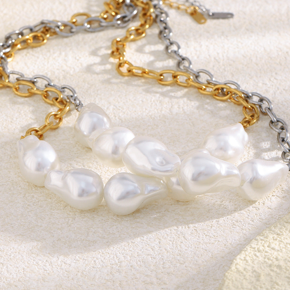 Collana da donna con ciondolo a perla barocca in acciaio inossidabile placcato oro 18 carati con catena a maglie, design geometrico minimalista e lussuoso