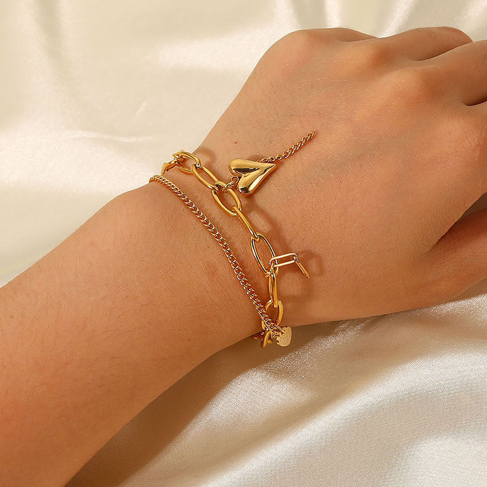 Fashionable Ins Style 18K Gold Plated Stainless Steel Double Layer Bracelet with Heart and Star Pendants