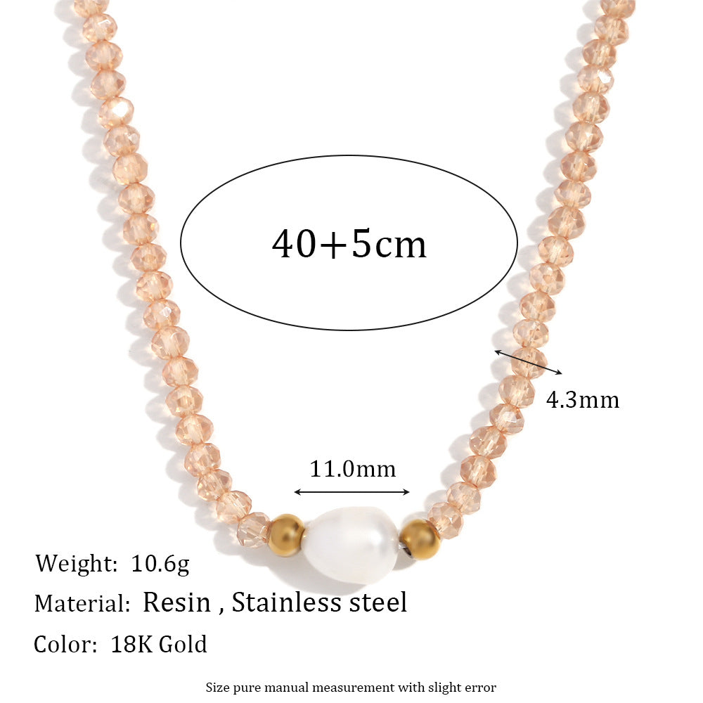 Fashionable Vintage Geometric Stainless Steel Pendant Necklace with Freshwater Pearl and Light Crystal Beads for Women