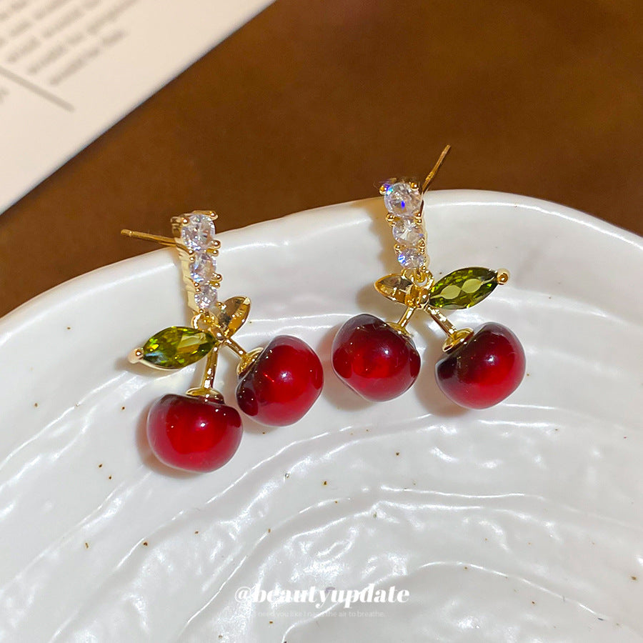Cherry-Shaped Resin Earrings with Zirconia Inlay for Women, Minimalist Sweet Style Fashion Ear Jewelry