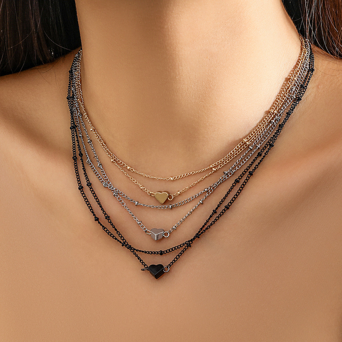 Punk Style Heart and Geometric Shape Alloy Pendant Necklace with Plated Finish and Beaded Chain for Women