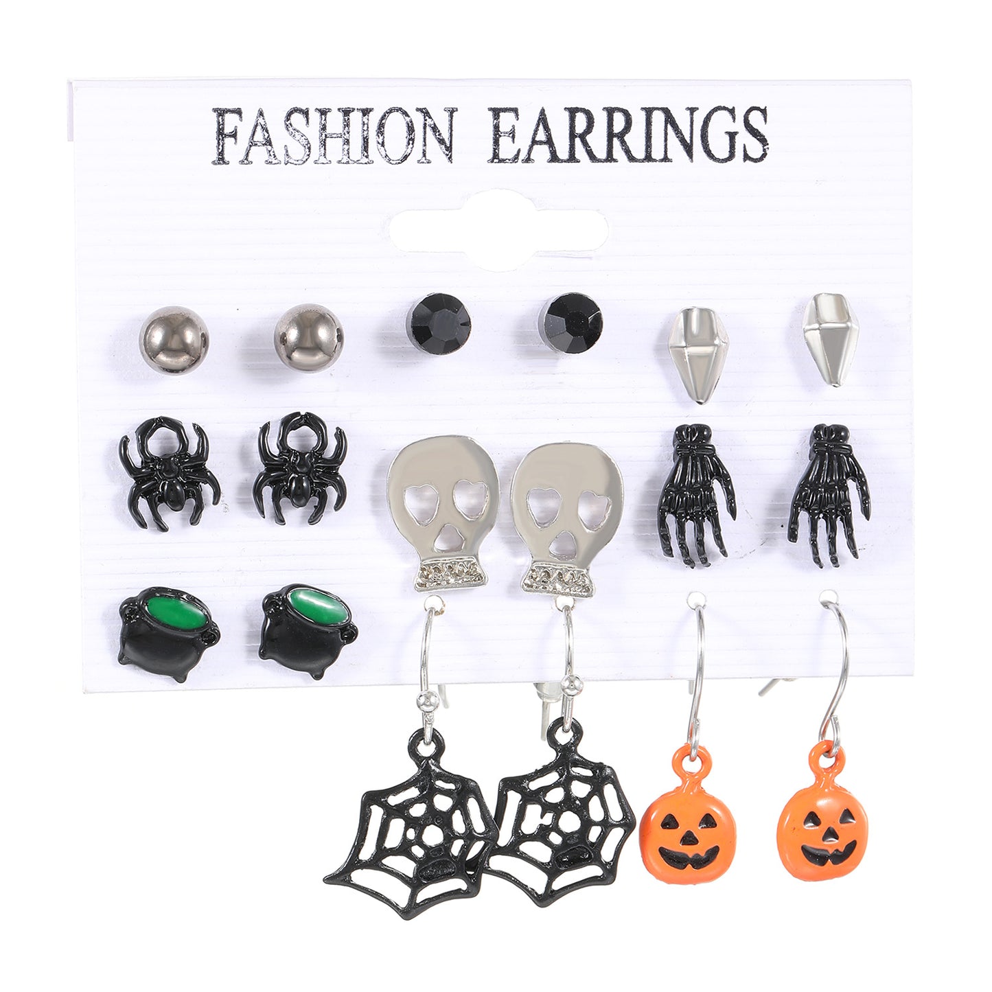 Orecchini a perno da donna a tema Halloween con corvo, strega, zucca e teschio, in lega di metallo galvanizzata, orecchini alla moda geometrici