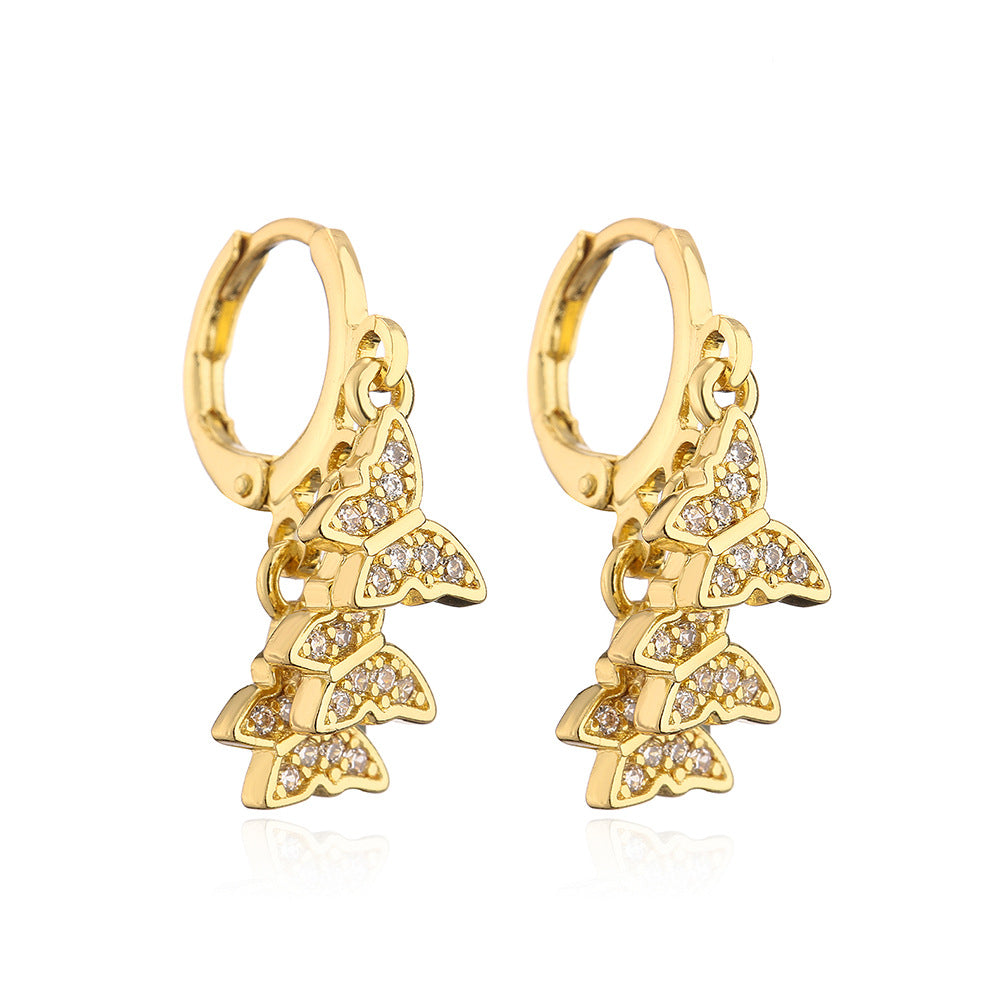 Minimalist Butterfly-Shaped Copper Earrings with 18K Gold Plating and Micro-Paved Zirconia for Women