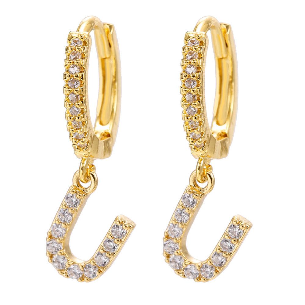 Elegant Gold Plated Letter Cubic Zirconia Inlay Brass Earrings