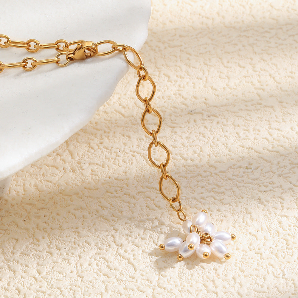 Luxury Elegant Geometric Floral 18K Gold Plated Stainless Steel Necklace with Imitation Pearl Tassel