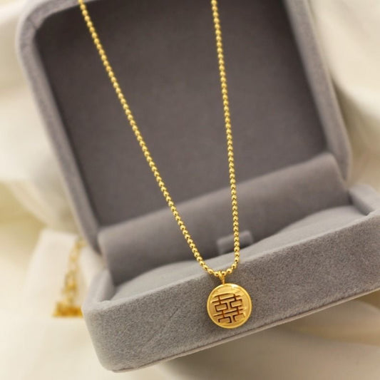 Minimalist Chinese Style Double-Sided Fu Character Pendant Necklace in Titanium Steel with Plated Finish for Women and Men