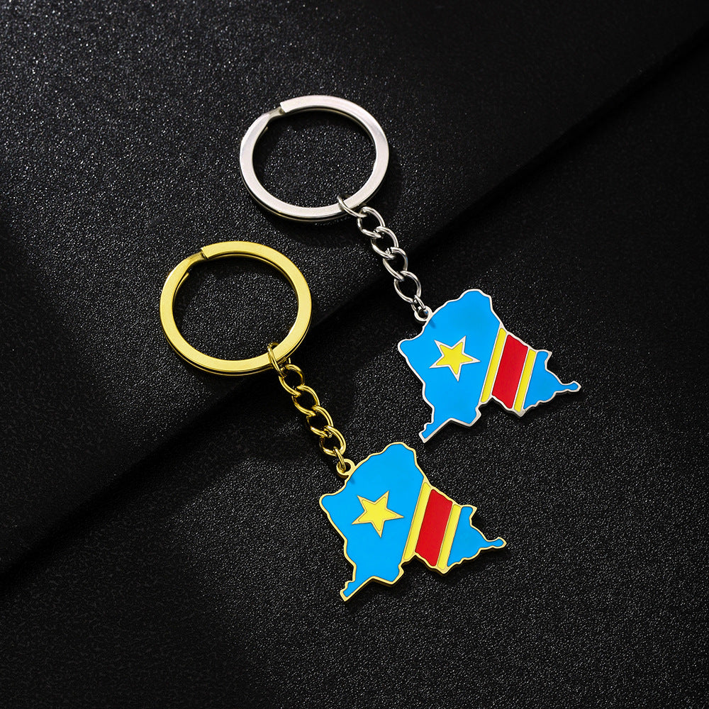 Portachiavi in Acciaio al Titanio con Bandiera della Mappa della Repubblica Democratica del Congo in Stile Etnico per Uomini e Donne