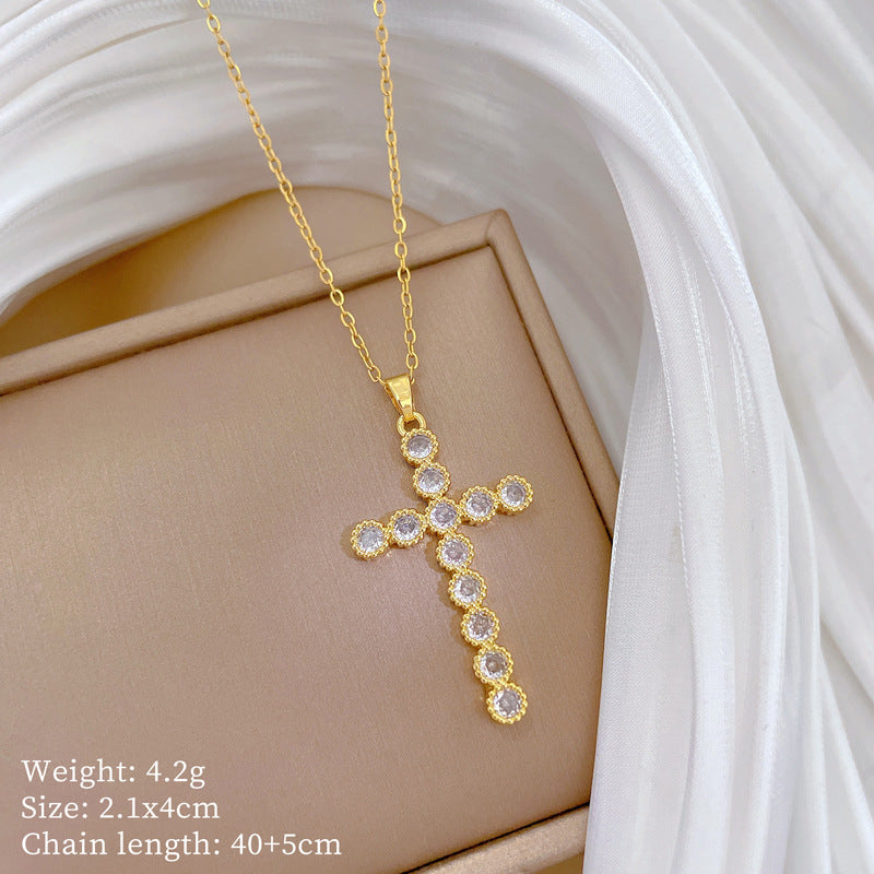 Sweet Minimalist Cross Geometric Rhinestone Plated Titanium Steel Necklace with Cable Chain for Unisex