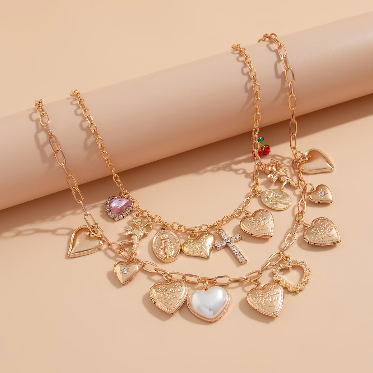 Layered Heart and Cross Rhinestone Plated Alloy Necklace for Women