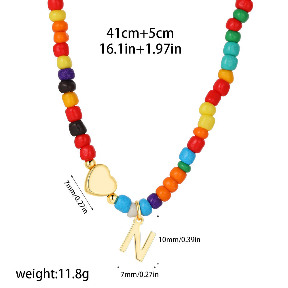 Collana Unisex Casual Placcata Oro 14K con Ciondolo a Cuore Lettera e Perline in Acciaio Inossidabile