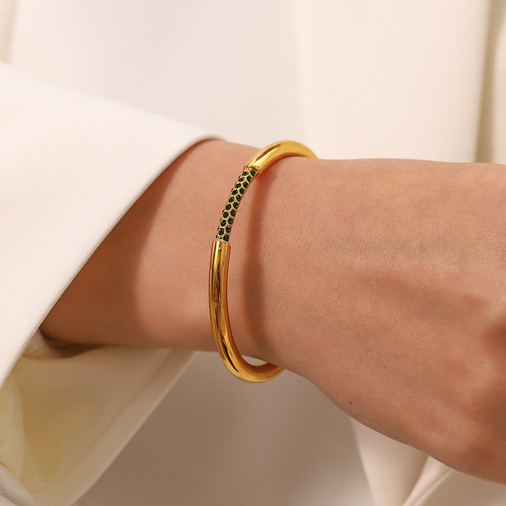 INS Style Geometric Stainless Steel Bracelet with 18K Gold Plating and Green Rhinestone Inlay