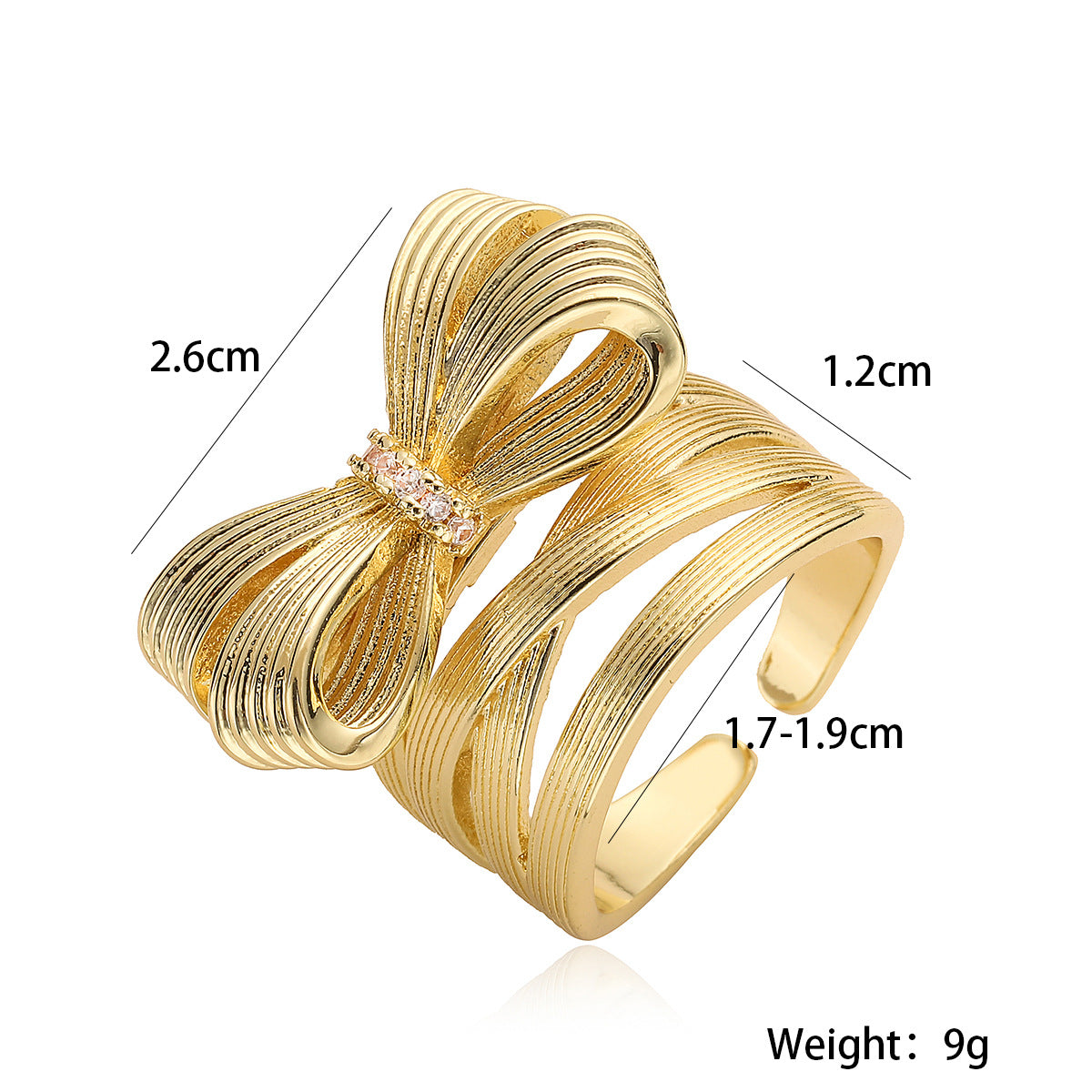 Fashionable Bowknot-Shaped Ring for Women with Brushed Copper Base and 18K Gold Plating, Geometric Design, Adjustable Band