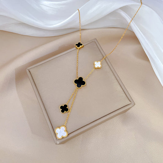Collar de Acero de Titanio con Cadena, Trébol de Cuatro Hojas Geométrico Minimalista