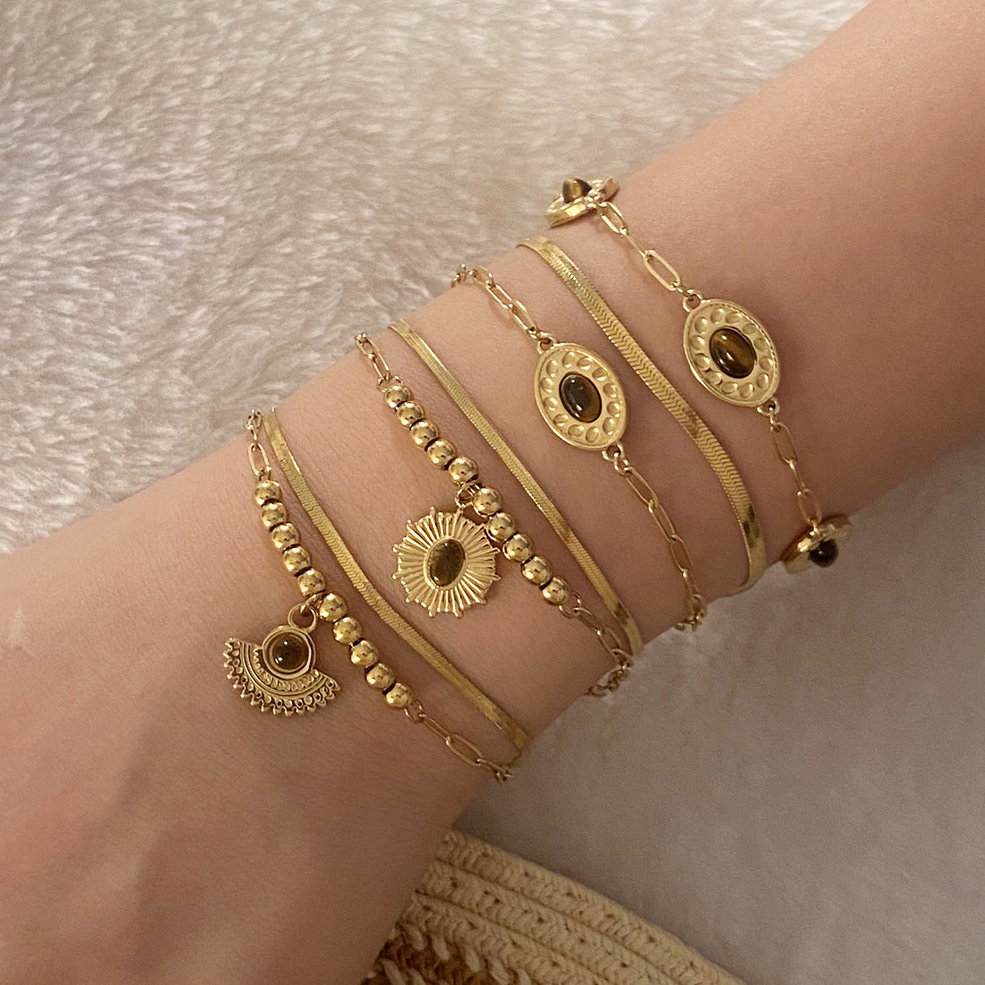 Retro Chic Geometric Stainless Steel Plated Bracelet with Round and Square Polka Dot Accents for Women