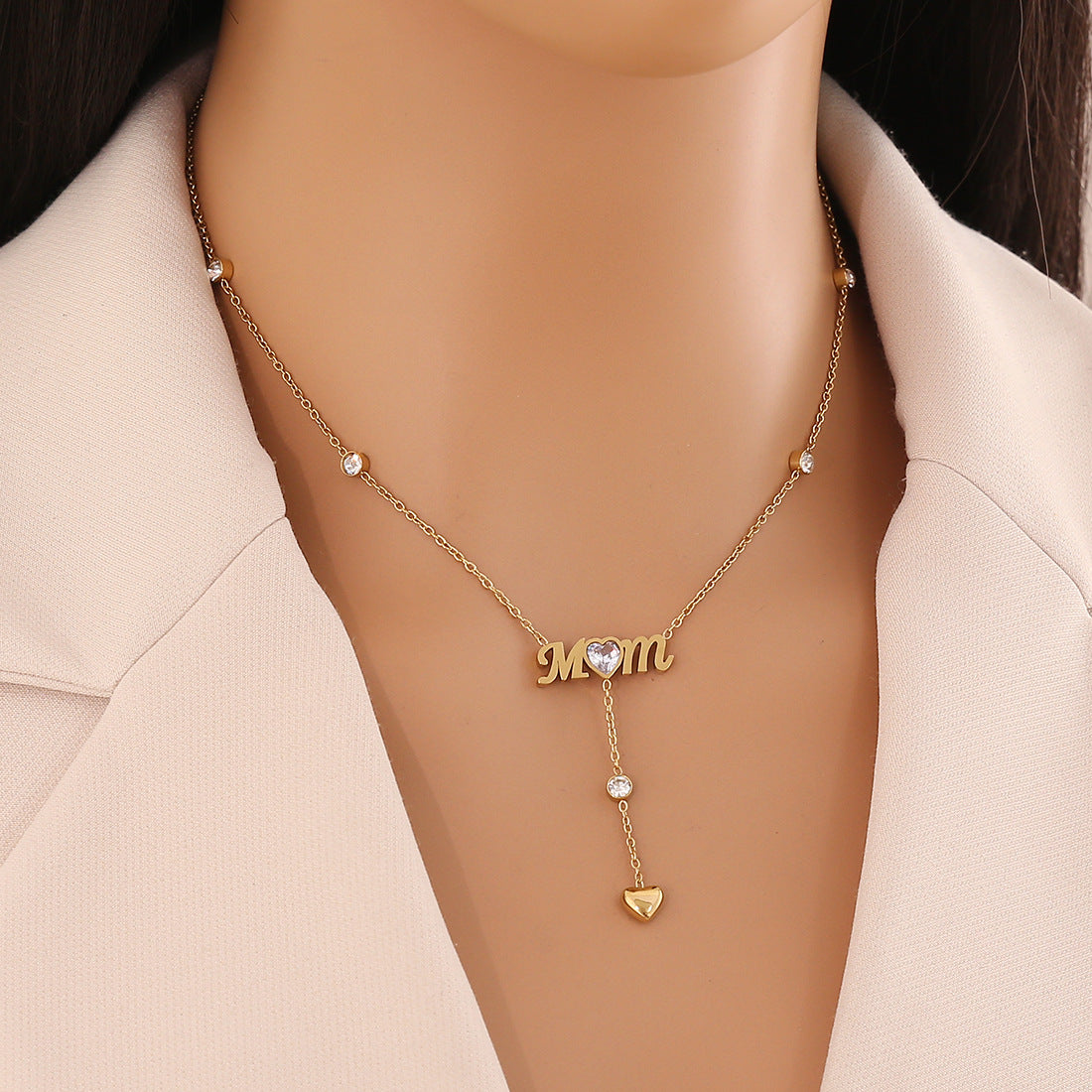 Fashionable Heart-Shaped Stainless Steel Double-Layer Pendant Necklace with Tassel and Plated Finish for Women