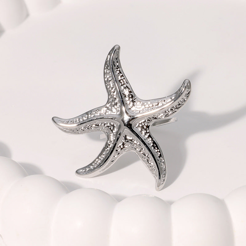 Starfish-Shaped Open Stainless Steel Ring for Women with Plated Finish, Beach Vacation Style Fashion Jewelry
