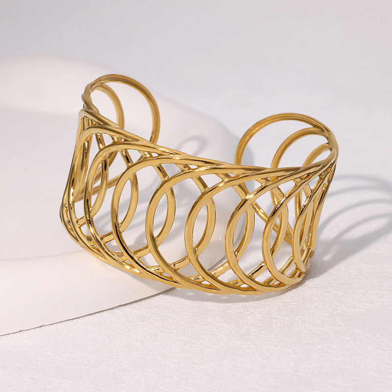 Minimalist Geometric Hollow-Out Cross-Line Stainless Steel Bracelet for Women with Plated Finish