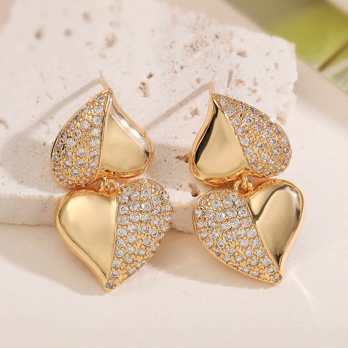 Minimalist Heart-Shaped Micro-Paved Zirconia Stud Earrings for Women in Brass with 18K Gold Plating