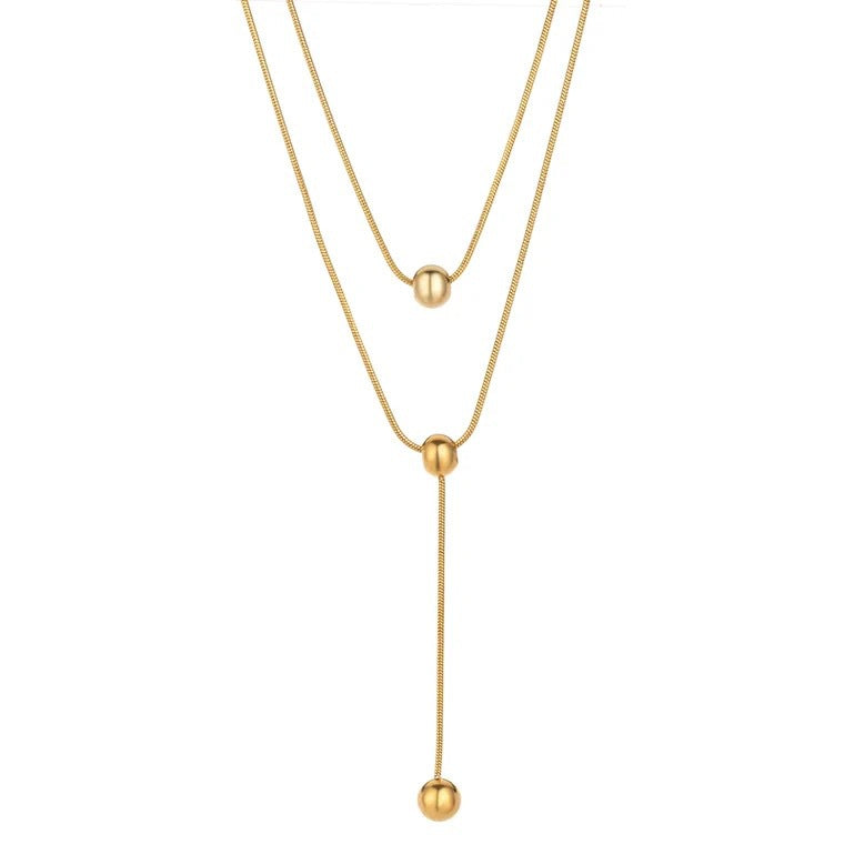 Minimalist Geometric Double-Layer Titanium Steel Snake Chain Necklace with Tassel Pendant for Women