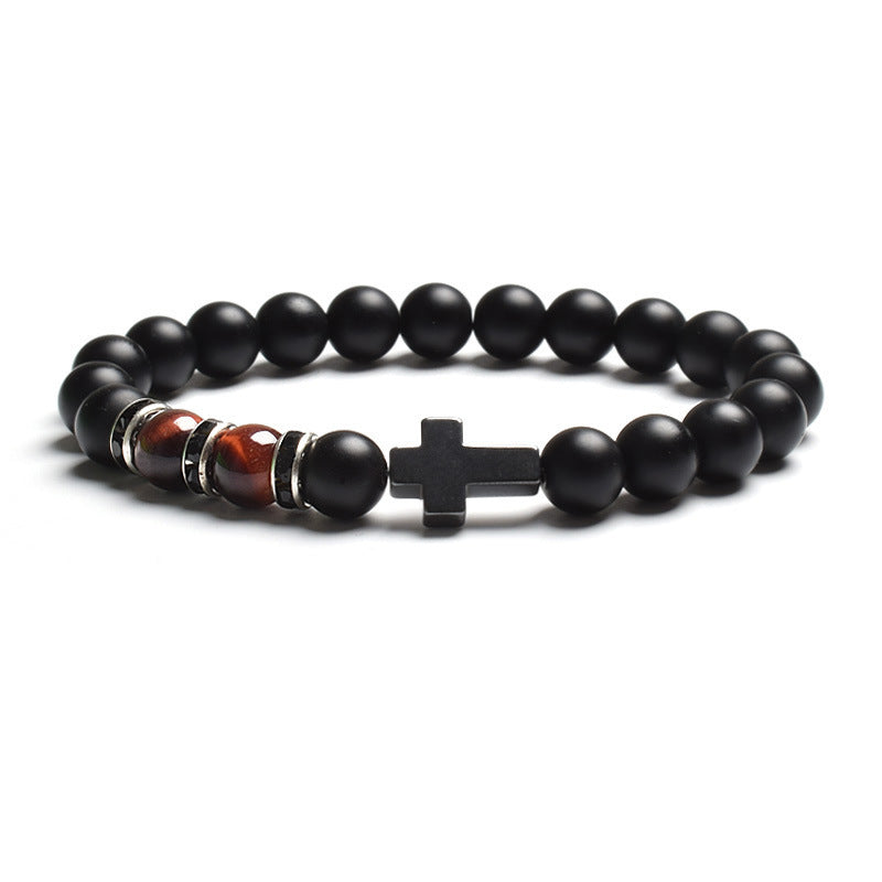 Vintage Cross Matte Stone Tiger's Eye Beaded Stretch Bracelet Unisex Geometric Handmade Jewelry