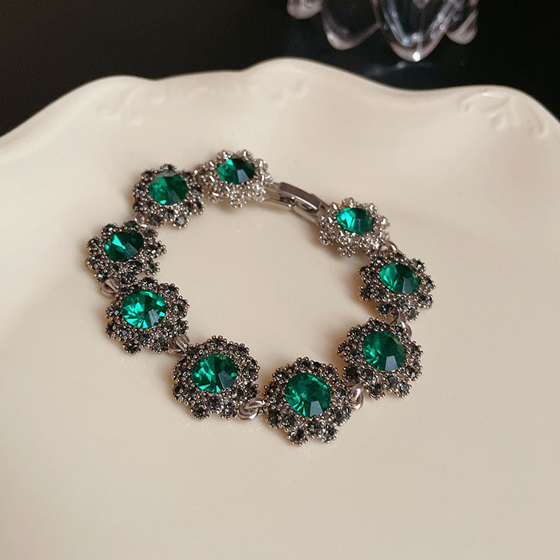 Vintage Luxury Floral Rhinestone Inlay Plated Brass Bracelet for Women
