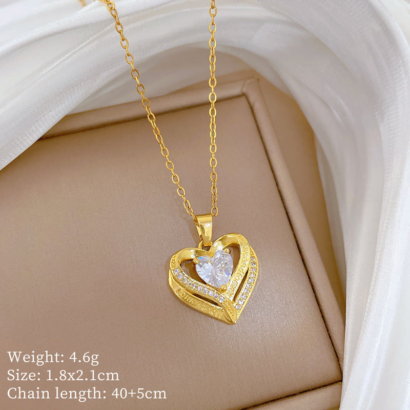 Sweet Minimalist Hollow Double-Layer Heart Rhinestone Titanium Steel Necklace for Women and Men