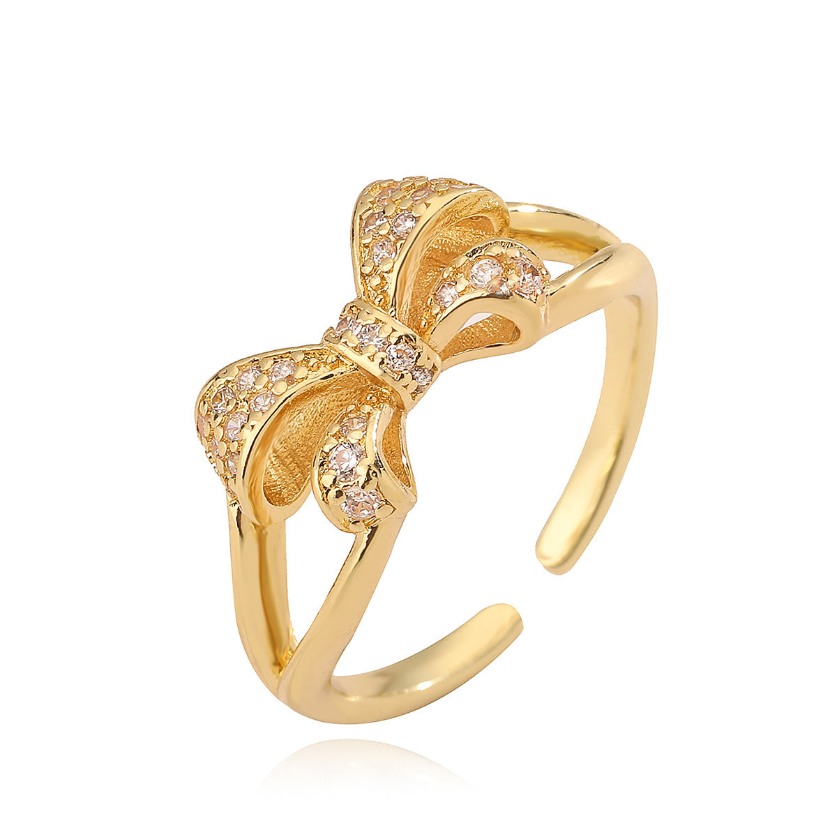 Sweet 18K Gold Plated Brass Geometric Bow Knot Ring with Cubic Zirconia for Women