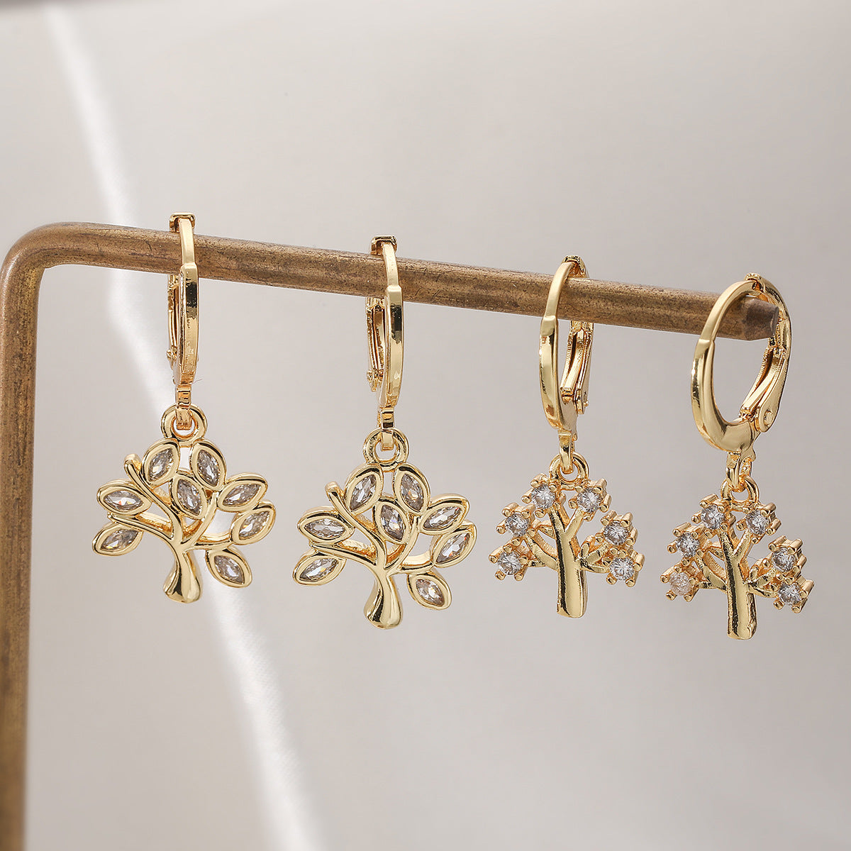 Minimalist Luxury Geometric Gold Plated Brass Cubic Zirconia Tree Earrings for Women