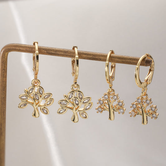 Minimalist Luxury Geometric Gold Plated Brass Cubic Zirconia Tree Earrings for Women