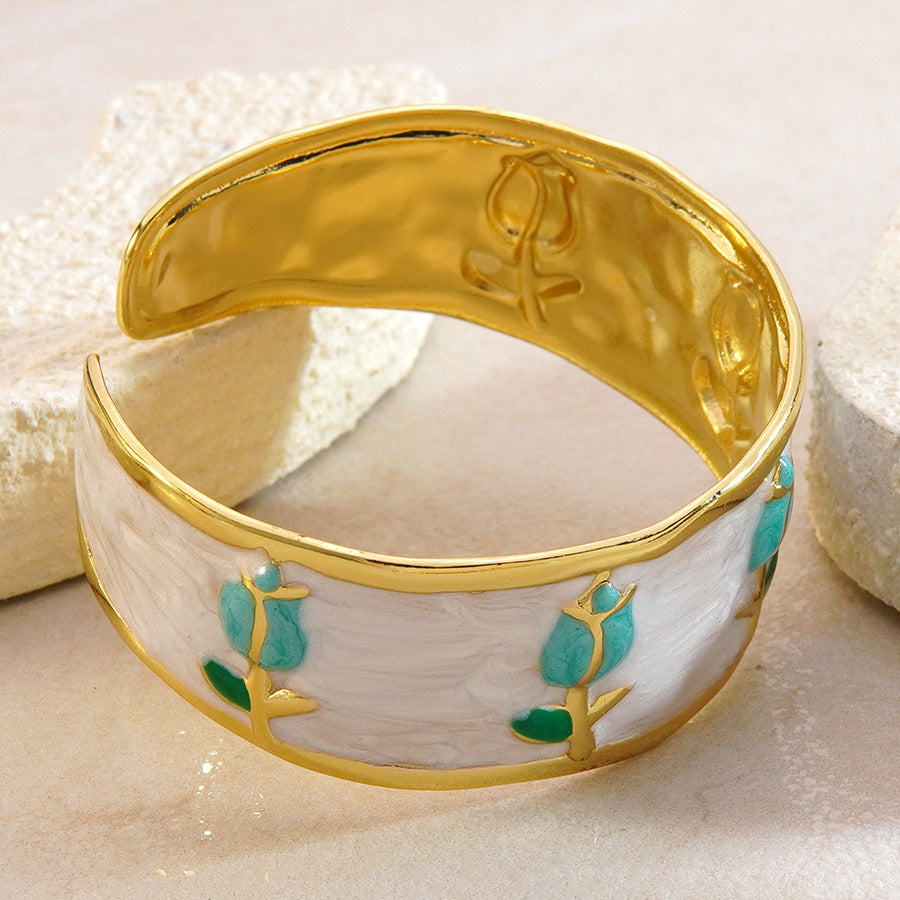 Elegant Stainless Steel Drip Oil Enamel Tulip Cuff Bracelet for Women