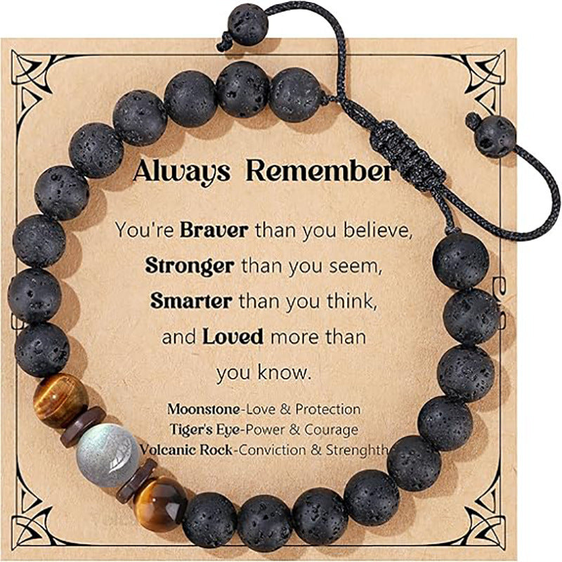 Unisex Handmade Braided Volcanic Stone Bracelet with Tiger Eye and Moonstone Beads Adjustable Geometric Round
