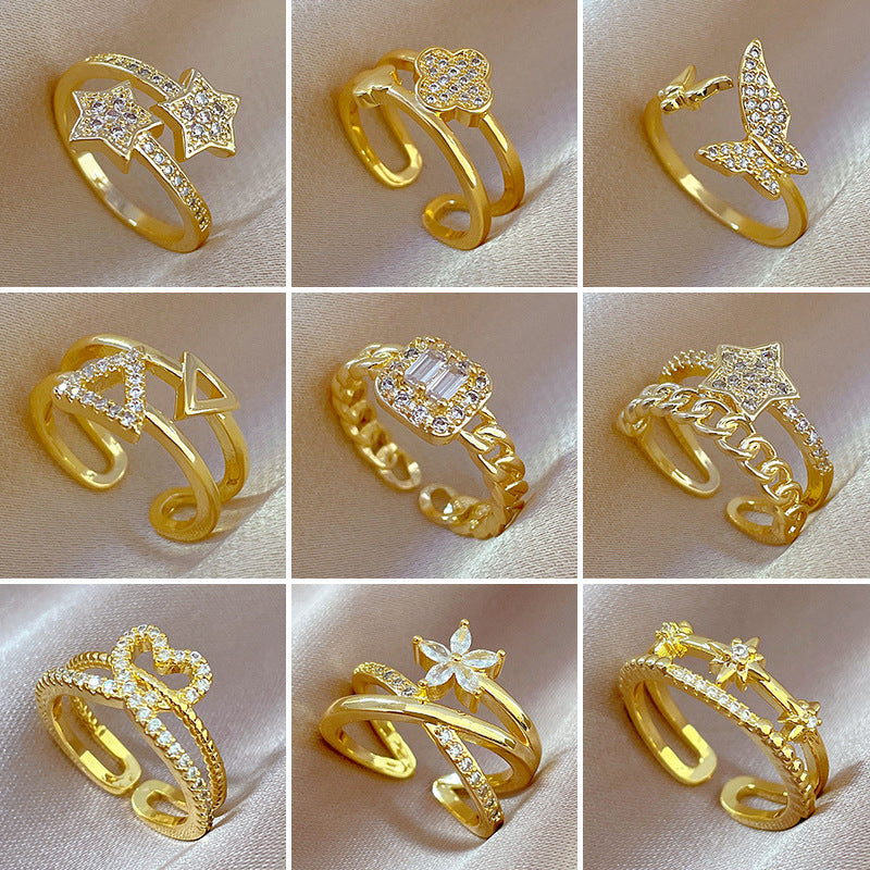 Luxury Minimalist Plated Brass Crown Rhinestone Adjustable Ring for Women
