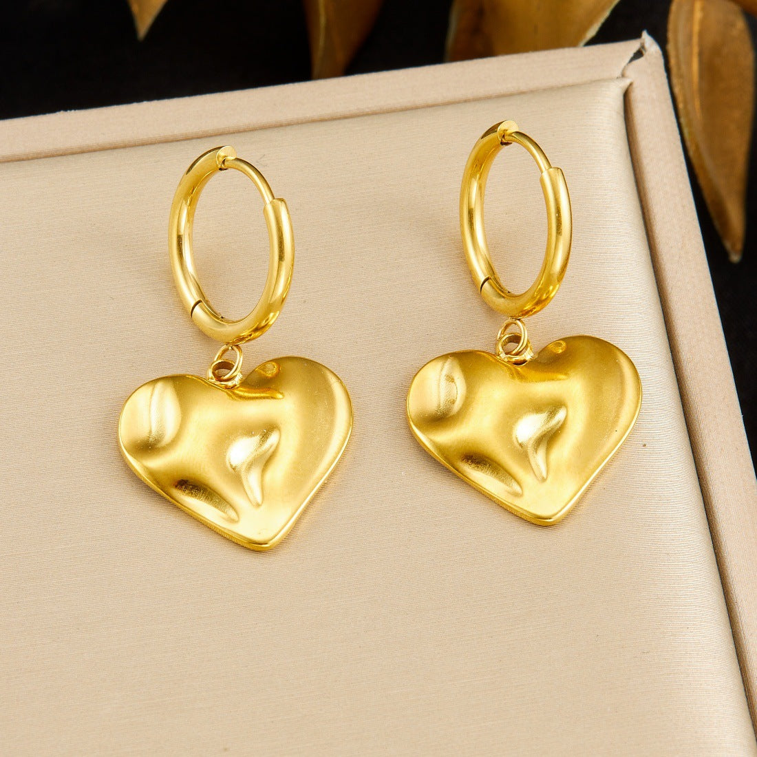 Minimalist Irregular Textured Heart Stainless Steel Gold Plated Round Earrings