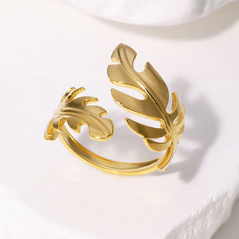 Minimalist Leaf-Shaped Stainless Steel Open Ring for Women with Plated Finish