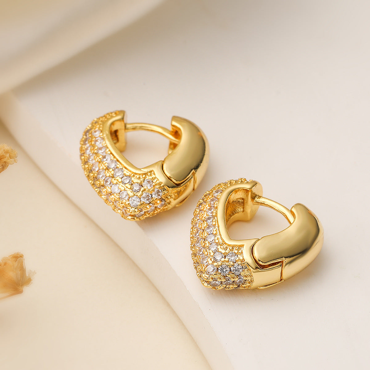 Minimalist Heart Cross Earrings for Women in Copper with 18K Gold Plating and Zircon Inlay