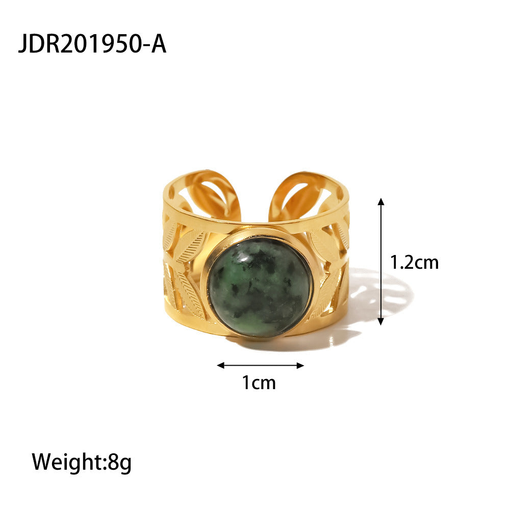 French Style 18K Gold Plated Stainless Steel Hollow Leaf Ring with Green Turquoise and Malachite